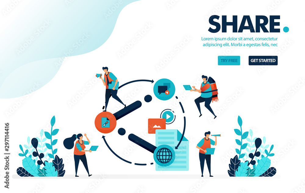 Vector illustration share. People share link, video, document and content on social media. Share useful information to friend. Designed for landing page, web, banner, mobile, template, flyer, poster Vector illustration share. People share link, video, document and content on social media. Share useful information to friend. Designed for landing page, web, banner, mobile, template, flyer, poster