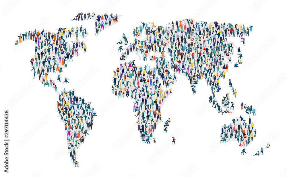 Fototapeta premium World map. Large group of business people, workers, family members and students organised into world map. Collection of icons made of little busy people.