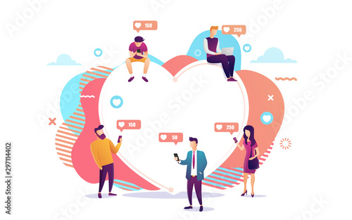 Illustration of young people using mobile gadgets such as laptop and smartphone for social networking and blogging. Flat design of guys and women near big heart. Vector illustration