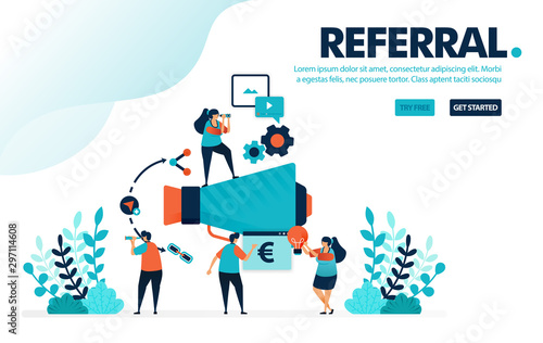 Vector illustration referral program. People join referral programs for marketing and promotion. Refer a friend with megaphone. Designed for landing page, web, banner, mobile, template, flyer, poster