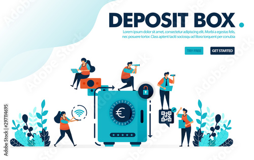 Vector illustration concept of safe deposit box. People secure and save money in banks, save and invest with banking. Designed for landing page, web, ui, banner, template, background, flyer, poster