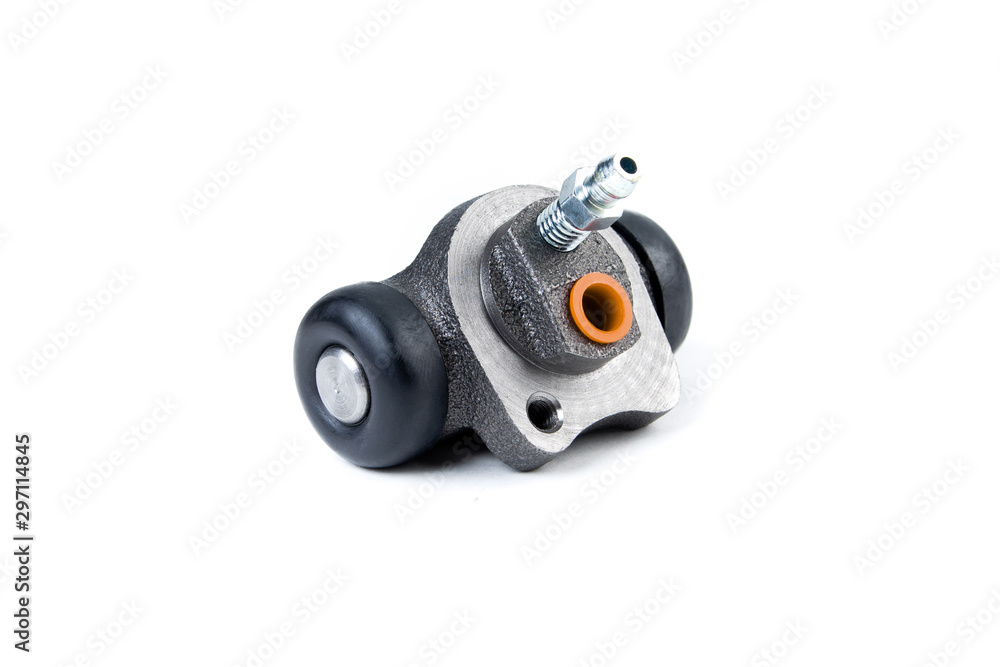Brake cylinder, drum brake system on white background. Auto parts brake systems of drum type. Brake cylinder, drum brake system on white background. Auto parts brake systems of drum type.