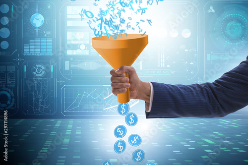 Data monetization concept with funnel and businessman photo