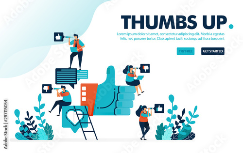 Vector illustration like & thumbs up. People give a thumbs up, love and like for social media comments. Share opinions and feelings. Designed for landing page, web, banner, template, flyer, poster, ui