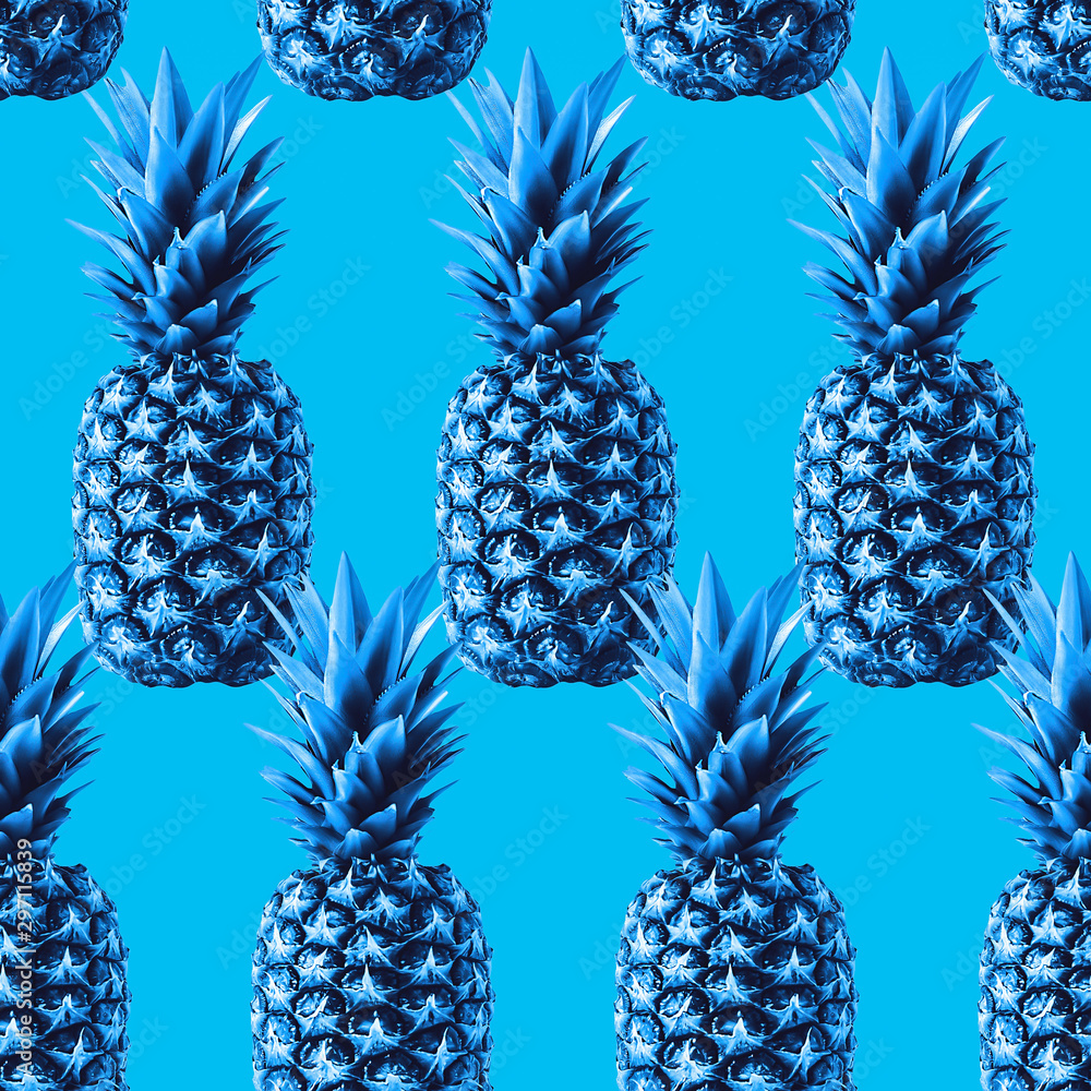 Pineapple pattern Pop art style Seamless pattern with blue pineapples in  rows on cyan background Stock Photo