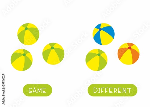 Educational word card for children vector template. Flash card for language studying with balls. Antonyms, diversity concept. Same and different toys flat illustration with typography