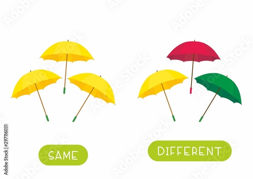 Educational word card for children vector template. Flash card for language studying with umbrellas. Antonyms, diversity concept. Same and different umbrellas flat illustration with typography