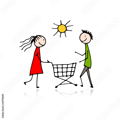 Couple with shopping trolley, sketch for your design