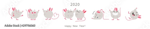 Cute rats flat vector illustrations set. Creative cartoon characters pack. Kawaii mice with different expressions. Funny 2020 year mascots