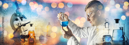 Fotografie Silhouette of a chemist conducting experiments on the background of Scientific Glassware and chemistry formula