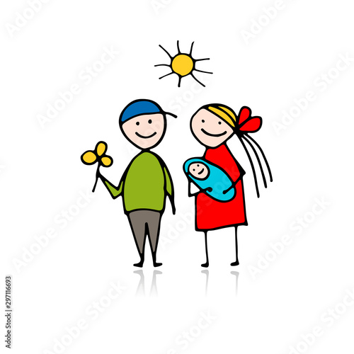Happy parents with newborn, sketch for your design