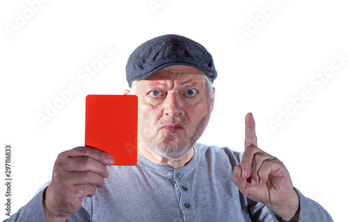 A man shows a red card in front of white background. Concept: admonition and warning.