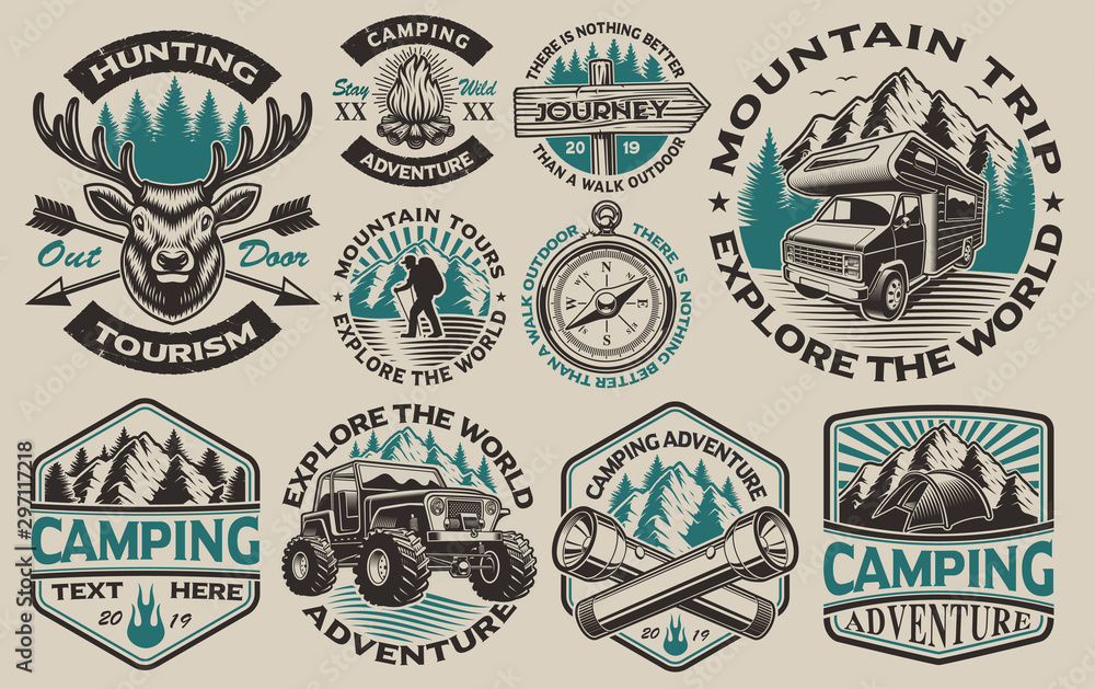 Set of vector black and white logos for the camping theme - obrazy, fototapety, plakaty 
