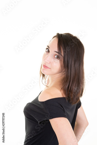 Woman posing behind back return view portrait