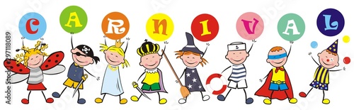 Carnival, happy kids and masks, vector illustration on white background. Group of little girls and boys with balls with text.Carnival, happy kids and masks, vector illustration on white background. Gr