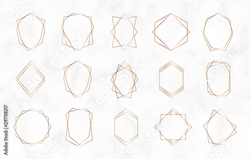 Gold geometric polygonal frames. Decorative lines borders. Luxury design elements for wedding invitation, blog posts, banner, celebration, card, save the date, poster, flyer	