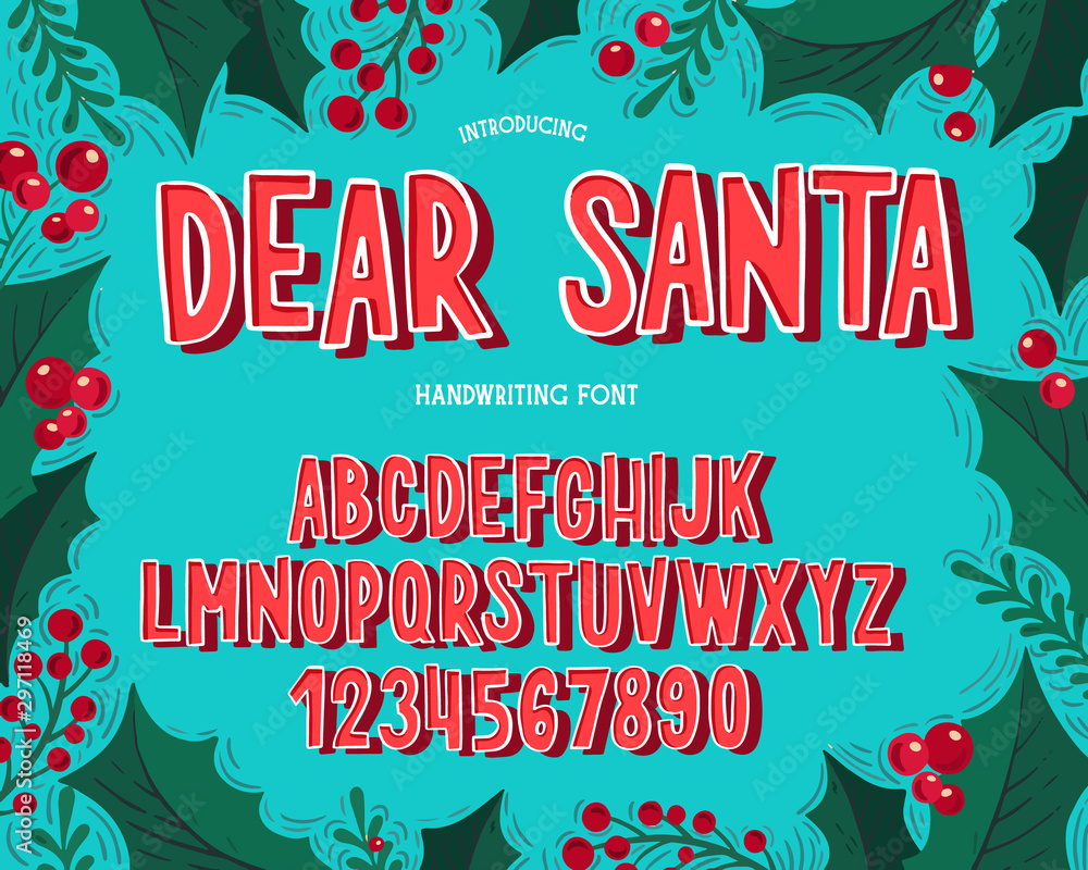 Christmas font. Holiday typography alphabet with festive illustrations and season wishes. - obrazy, fototapety, plakaty 