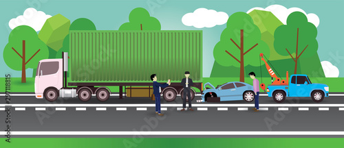 A personal car crashed into the back of a van truck with a damaged face. Crane trucks with insurance to take notes and provide help.