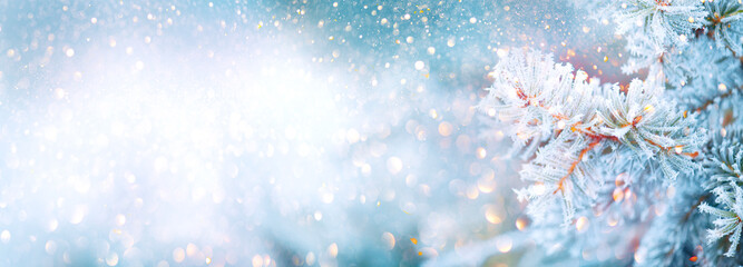 Christmas winter blurred background. Xmas tree with snow decorated with garland lights, holiday festive background. Widescreen backdrop. New year Winter art design, wide screen holiday border