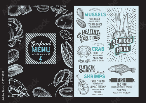 Seafood menu food template for restaurant with doodle hand-drawn graphic.