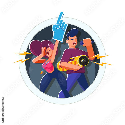 Advertising sticker with characters in a round frame. Animators with professional tools in a natural epic pose. Cheer leaders in their summer and spring volunteering or first work for young people.