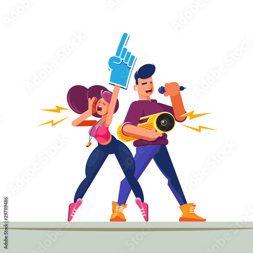 Flat style characters. Animators with professional tools in a natural epic pose. Cheer leaders in their summer and spring volunteering or first work for young people.