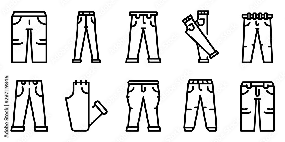 Jeans icons set. Outline set of jeans vector icons for web design isolated on white background Jeans icons set. Outline set of jeans vector icons for web design isolated on white background