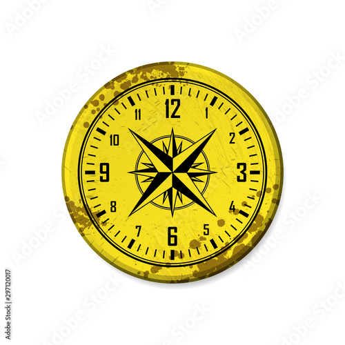 Grunge yellow circle board frame with clock isolated on white background