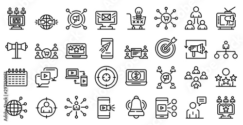 Remarketing icons set. Outline set of remarketing vector icons for web design isolated on white background