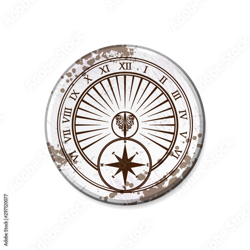 Grunge white circle board frame with sundial isolated on white background