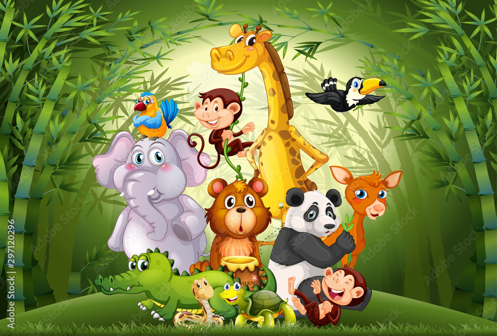Naklejka premium Many animals in bamboo forest