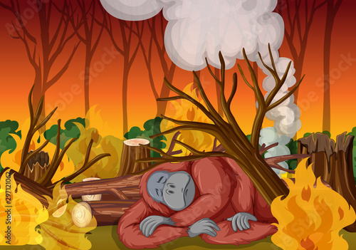 Deforestation scene with monkey and wildfire
