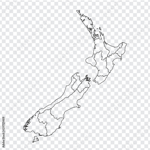 Blank map of New Zealand. High quality map of  New Zealand with provinces on transparent background for your web site design, logo, app, UI. Stock vector.  EPS10. 