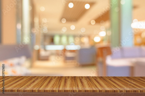 wooden  shelves with view blurred backdrop.you can used for display products. or add your own text on space. © background photo