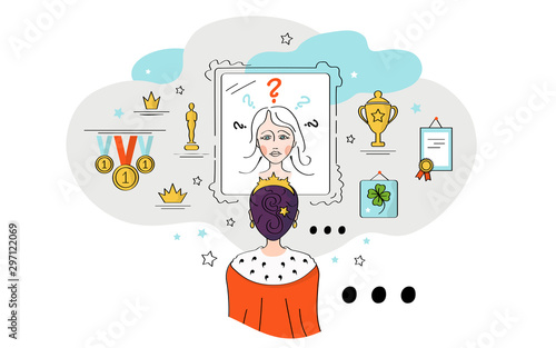 Fotografia Impostor syndrome illustration, girl, woman, in the crown of a princess, queen, looks in the mirror, doubts herself