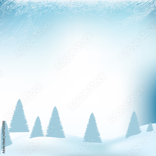 Snowstorm in a pine forest - large snowdrifts - art, vector. Travel Poster. Winter landscape