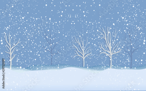 Snowfall, trees, snowdrifts - art, vector. Travel Poster. Winter landscape