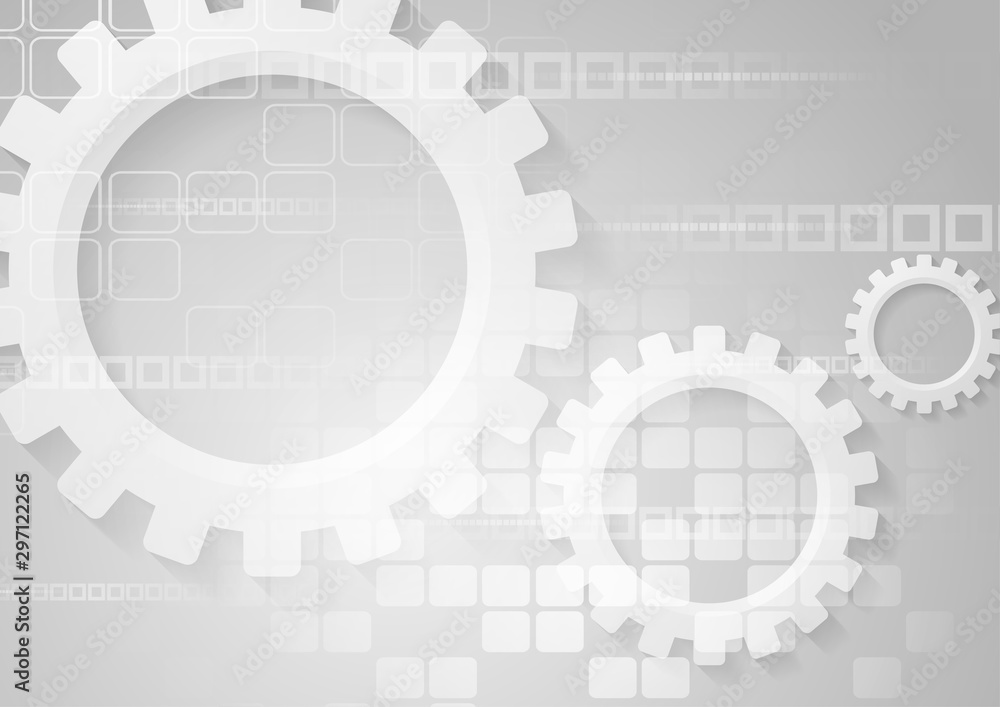 Grey high technology abstract background with gears and squares. Vector design