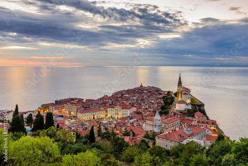 Cityscape of Piran. Panoramic view of Adriatic sea and city of Piran in Istria, Slovenia.