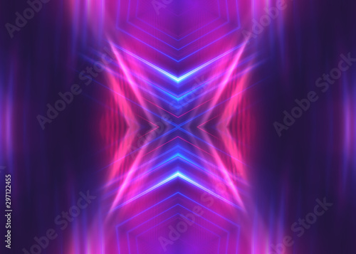 Dark abstract futuristic background. Neon lines glow. Neon lines, shapes. Multi-colored glow, blurry lights, bokeh. Empty stage background © Laura Сrazy