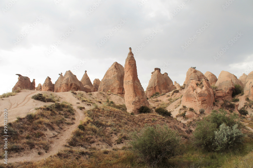 Cappadocia landscape. Countryside scenery. Paths to the rocky hills