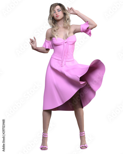 Beautiful blonde woman in light summer waving dress.