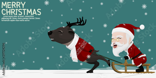 Santa Claus and his reindeer are playing sled among falling snow.