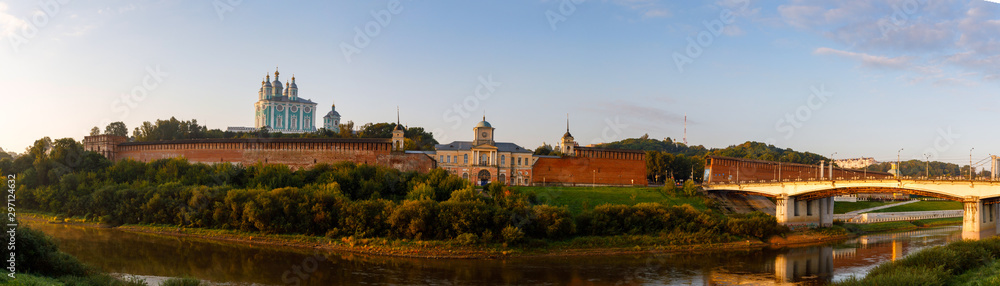 The view on Smolensk, Church of the Smolensk Icon of the Mother of God or the Dnieper Gate and Dnieper river and the embankment in summer in Russia