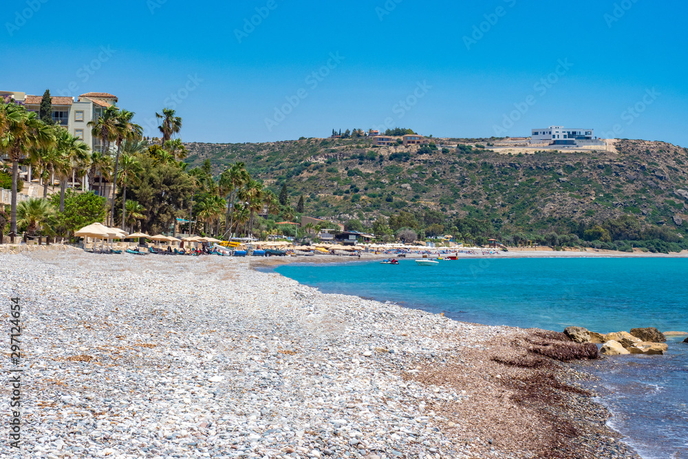 Republic of Cyprus. Panorama of the Mediterranean on a summer day. Nature Of Cyprus. Pebbles on the Mediterranean coast. Beach holiday. Holidays in Cyprus.