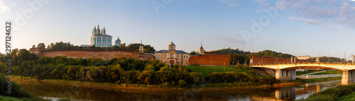 The view on Smolensk, Church of the Smolensk Icon of the Mother of God or the Dnieper Gate and Dnieper river and the embankment in summer in Russia
