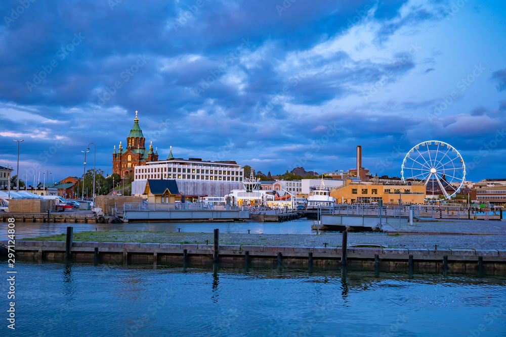 Helsinki. Evening panorama of Finland. Scandinavia. Sea cruise port. Ferris wheel. Assumption Cathedral in Helsinki. Sea cruise on the ferry. Travelling in Europe.