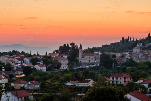 Trpanj town is a picturesque resort town on the Peljesac Peninsula, Dalmatia region, Croatia. Beautiful view at dawn. © r_andrei