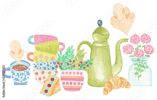 Watercolor set of different teapots and kettles cute style. Cafe and restaurant menu. Illustration with kitchen equipment stickers.