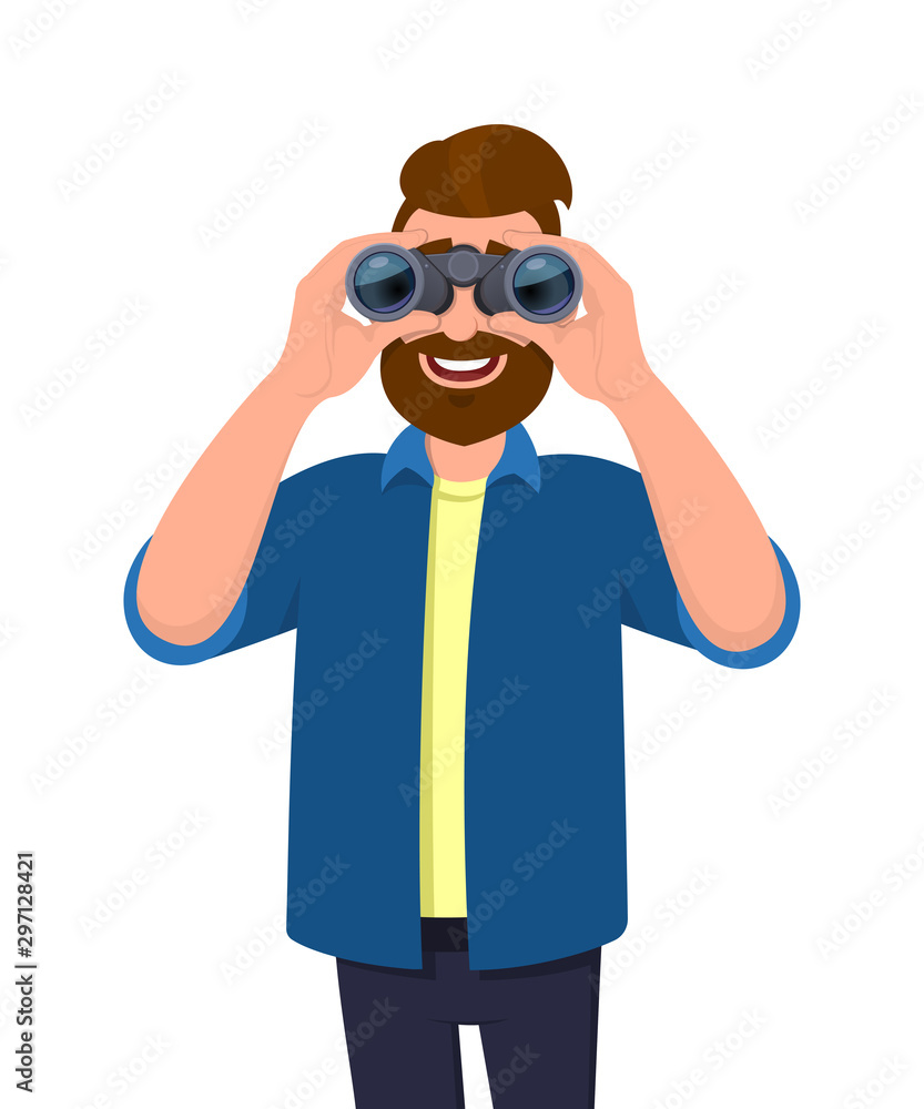 Happy bearded man in casual wear looking through binoculars. Person holding a binocular in hands. Male character design illustration. Modern lifestyle, technology, vision concept in vector cartoon. Happy bearded man in casual wear looking through binoculars. Person holding a binocular in hands. Male character design illustration. Modern lifestyle, technology, vision concept in vector cartoon.